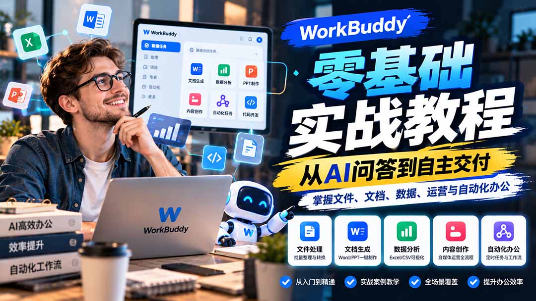 WorkBuddy零基础实战教程：从AI问答到自主交付，掌握文件、文档、数据、运营与自动化办公-副业网