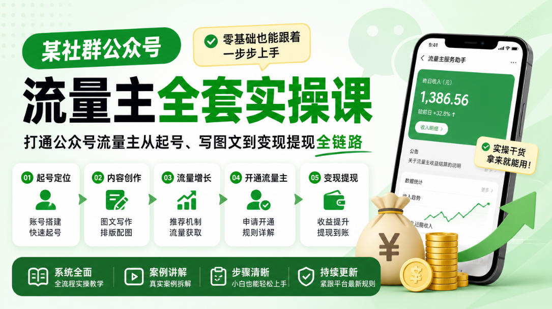 某社群公众号流量主全套实操课，零基础也能跟着一步步上手，打通公众号流量主从起号、写图文到变现提现全链路-副业网
