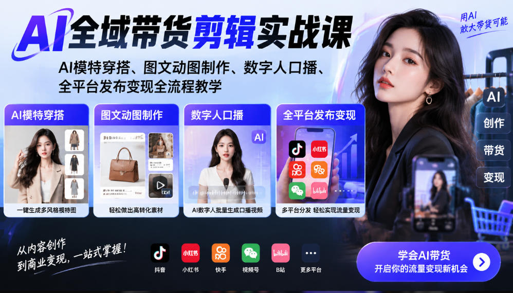AI全域带货剪辑实战课｜AI模特穿搭、图文动图制作、数字人口播、全平台发布变现全流程教学-副业网