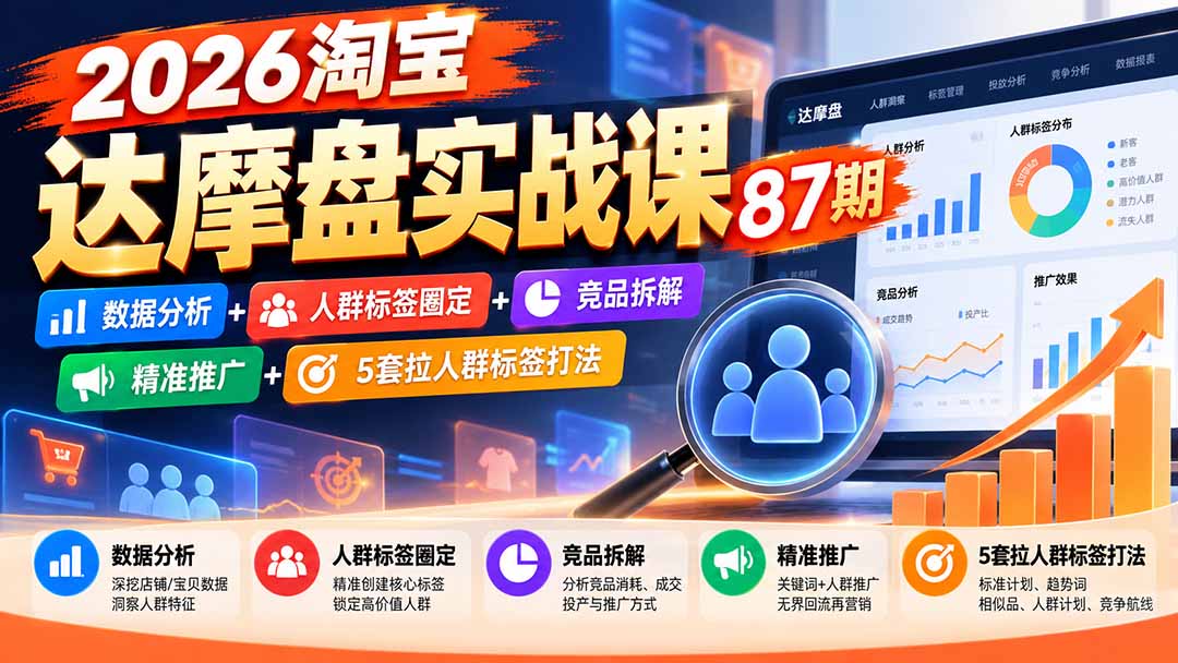 2026淘宝达摩盘实战课87期：数据分析+人群标签圈定+竞品拆解+精准推广+5套拉人群标签打法-副业网