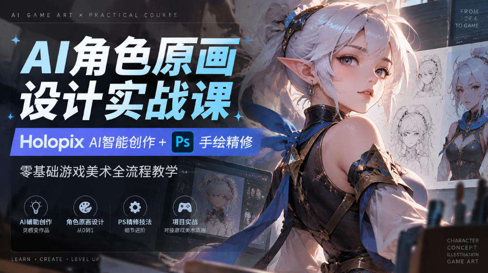 AI角色原画设计实战课｜Holopix AI智能创作+PS手绘精修，零基础游戏美术全流程教学-副业网