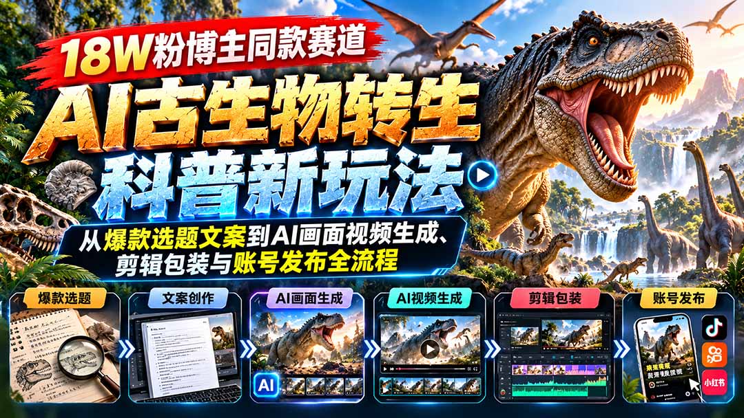 18W粉博主同款赛道-AI古生物转生科普新玩法：从爆款选题文案到AI画面视频生成、剪辑包装与账号发布全流程-副业网