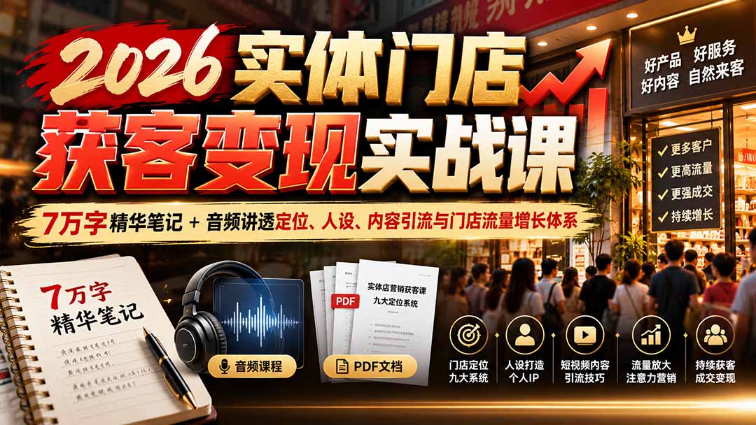 2026实体门店获客变现实战课：7万字精华笔记+音频讲透定位、人设、内容引流与门店流量增长体系-副业网