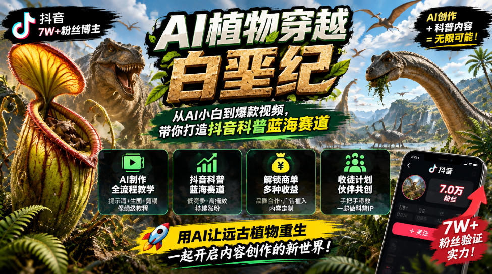抖音7W粉丝博主的AI植物穿越白垩纪教学，抖音科普蓝海赛道，解锁商单收徒伙伴计划等多种收益-副业网