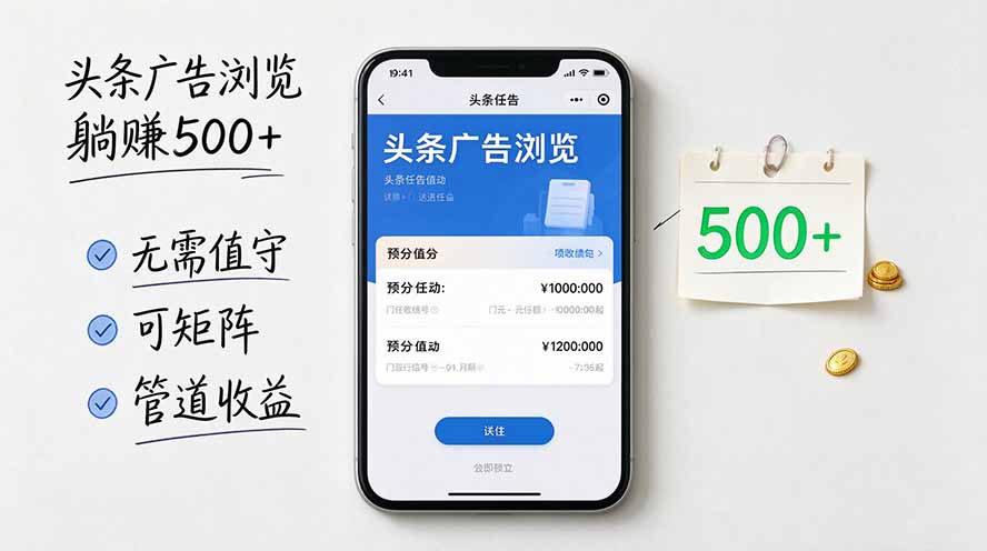 头条广告浏览躺赚500+无需值守，可矩阵并附有管道收益-副业网