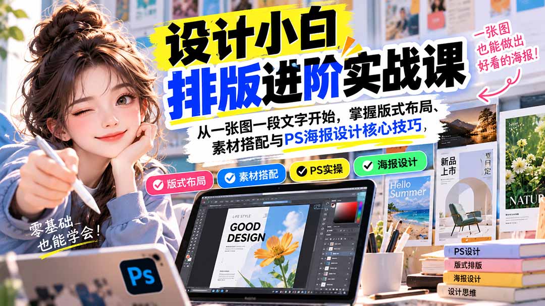 图片[2]-设计小白排版进阶实战课：从一张图一段文字开始，掌握版式布局、素材搭配与PS海报设计核心技巧-副业网