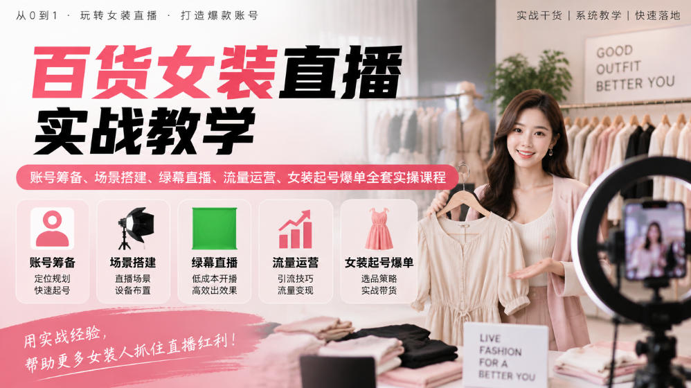 百货女装直播实战教学｜账号筹备、场景搭建、绿幕直播、流量运营、女装起号爆单全套实操课程-副业网