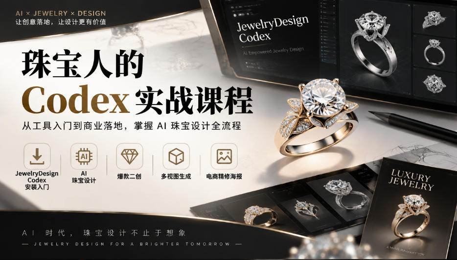 珠宝人的Codex实战课程｜JewelryDesign Codex安装入门、AI珠宝设计、爆款二创、多视图生成、电商精修海报全链路教学-副业网