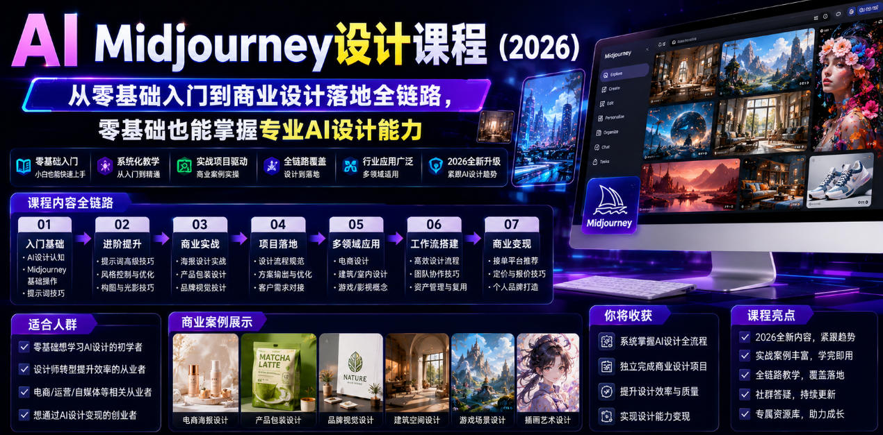 AI Midjourney设计课程(2026)，从零基础入门到商业设计落地全链路，零基础也能掌握专业AI设计能力(更新1007)-副业网