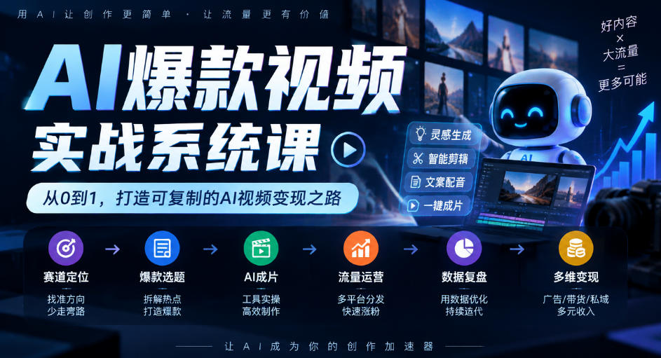 AI爆款视频实战系统课｜赛道定位、爆款选题、AI成片、流量运营、数据复盘、多维变现全链路教学-副业网