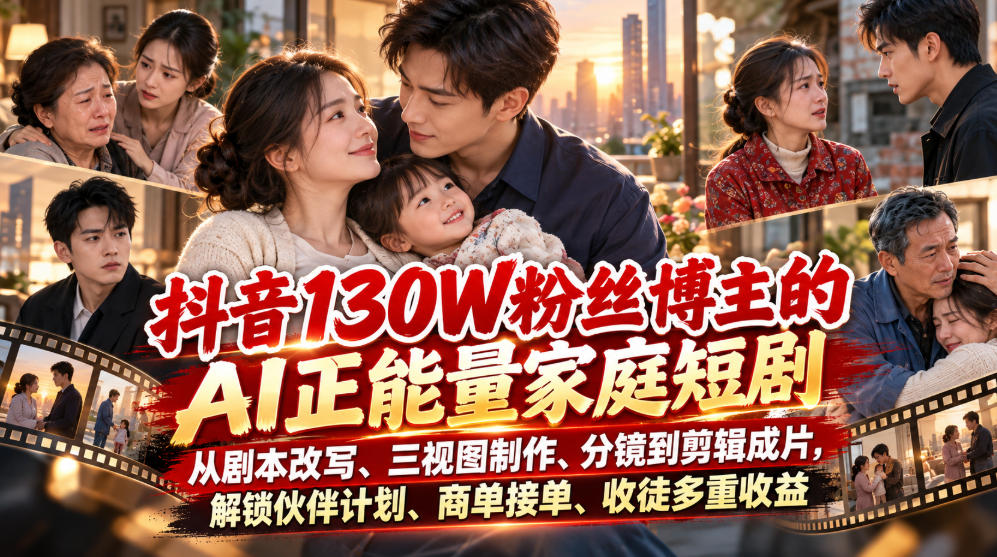 抖音130W粉丝博主的AI正能量家庭短剧，从剧本改写、三视图制作、分镜到剪辑成片，解锁伙伴计划、商单接单、收徒多重收益(更新1007)-副业网