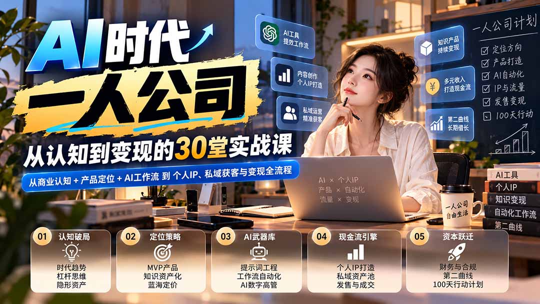 图片[2]-【无水印】AI时代一人公司30堂实战课：从商业认知+产品定位+AI工作流到个人IP、私域获客与变现全流程-副业网