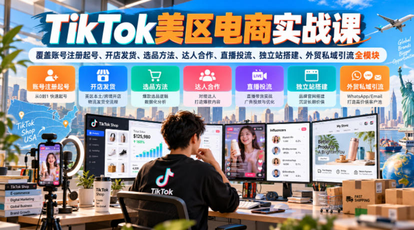 TikTok美区电商实战课，覆盖账号注册起号、开店发货、选品方法、达人合作、直播投流、独立站搭建、外贸私域引流全模块-副业网