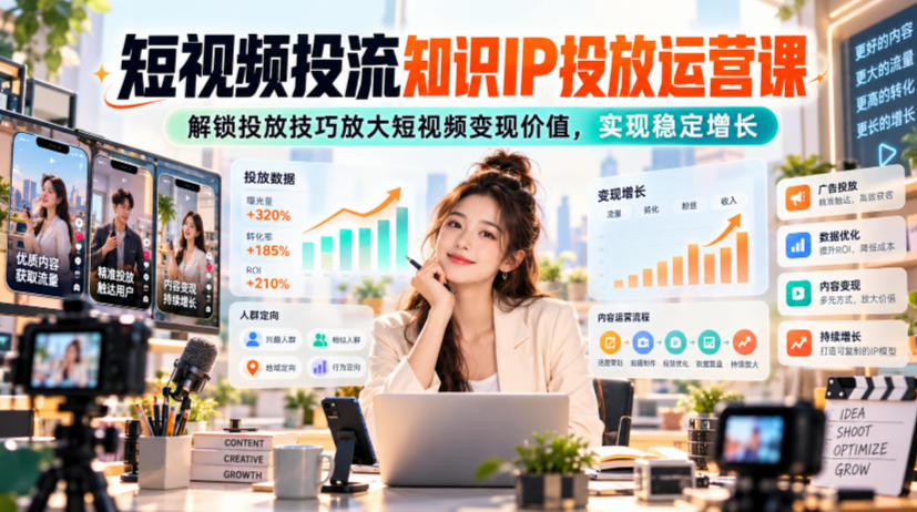 短视频投流知识IP投放运营课，解锁投放技巧放大短视频变现价值，实现稳定增长-副业网