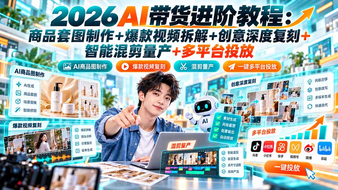 2026AI带货进阶教程：商品套图制作+爆款视频拆解+创意深度复刻+智能混剪量产+多平台投放-副业网