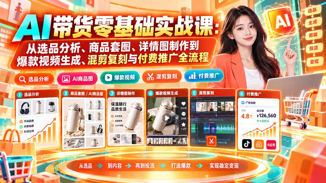 AI带货零基础实战课：从选品分析、商品套图、详情图制作到爆款视频生成、混剪复刻与付费推广全流程-副业网