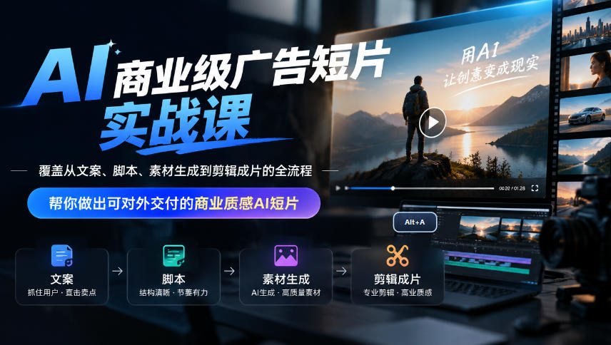 AI商业级广告短片实战课，覆盖从文案、脚本、素材生成到剪辑成片的全流程，帮你做出可对外交付的商业质感AI短片-副业网