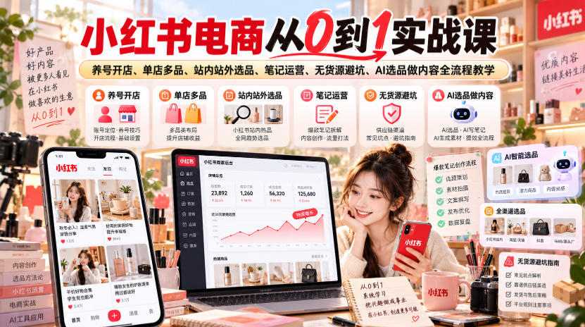 小红书电商从0到1实战课｜养号开店、单店多品、站内站外选品、笔记运营、无货源避坑、AI选品做内容全流程教学-副业网