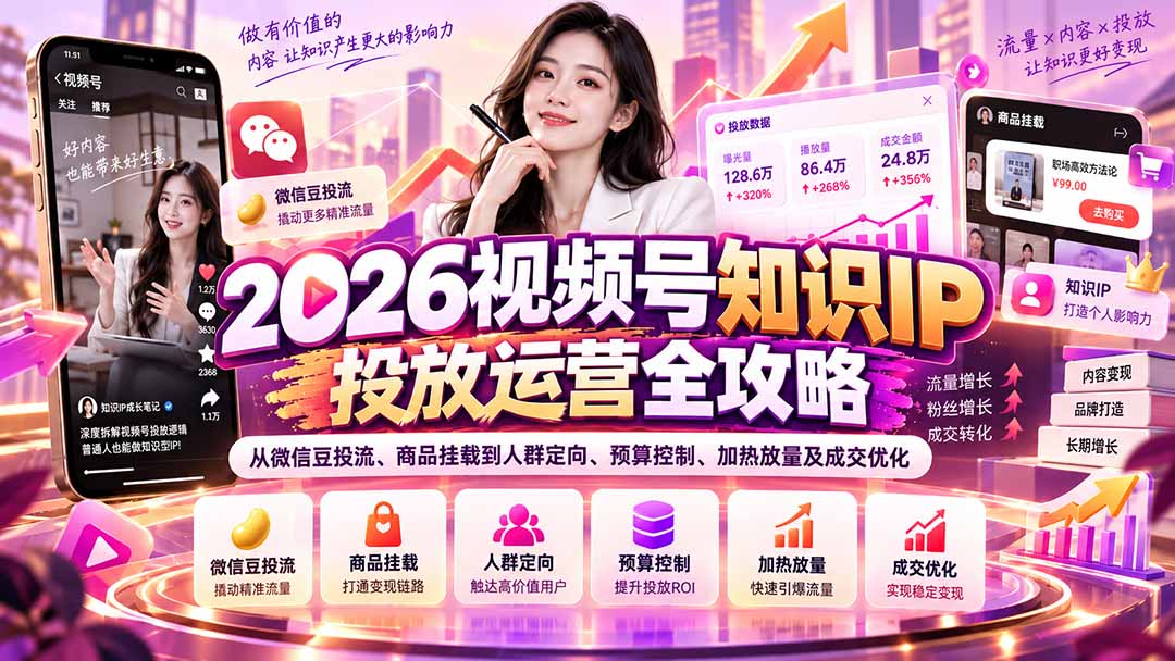 图片[2]-2026视频号知识IP投放运营全攻略：从微信豆投流、商品挂载到人群定向、预算控制、加热放量及成交优化-副业网