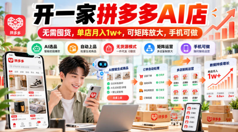 开一家拼多多AI店，无需囤货，单店月入1w+，可矩阵放大，手机可做【揭秘】-副业网