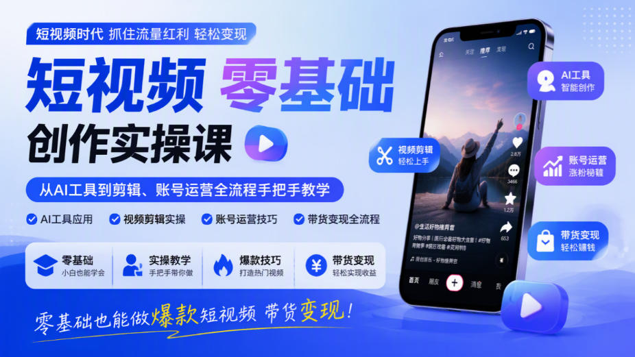 短视频零基础创作实操课，从AI工具到剪辑、账号运营全流程手把手教学，零基础也能做爆款短视频带货变现-副业网