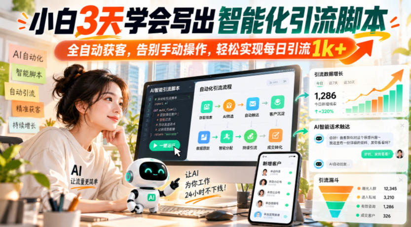 小白3天学会写出智能化引流脚本，全自动获客，告别手动操作，轻松实现每日引流1k+-副业网