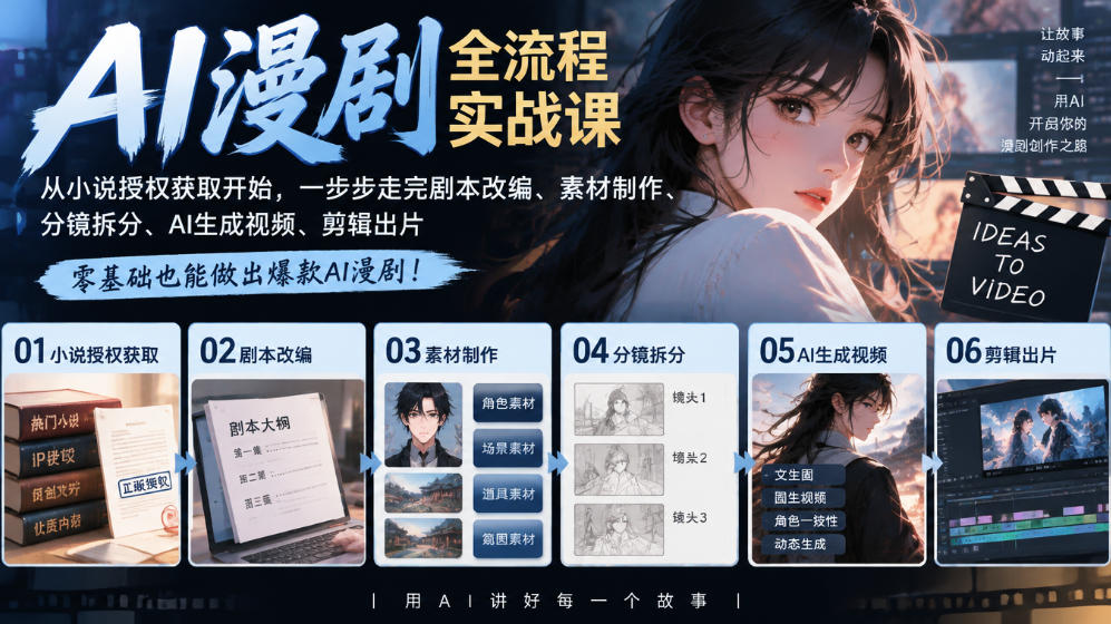AI漫剧全流程实战课｜从小说授权获取开始，一步步走完剧本改编、素材制作、分镜拆分、AI生成视频、剪辑出片全流程-副业网