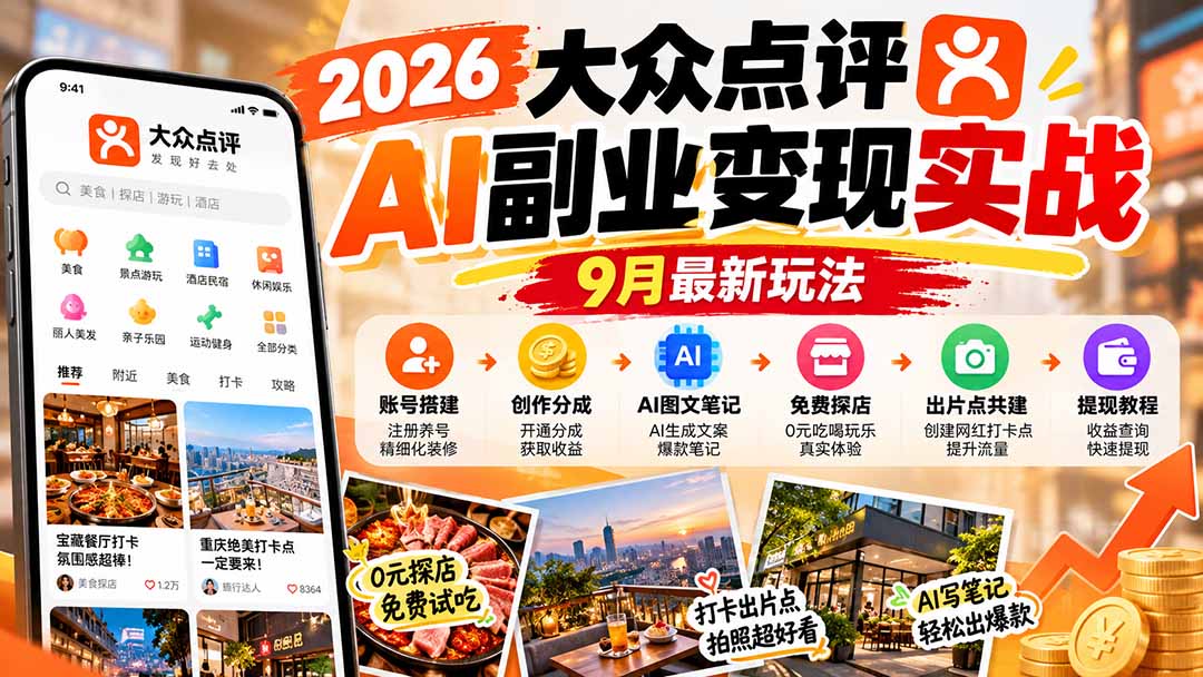 2026大众点评AI副业变现实战9月最新玩法：账号搭建+创作分成+AI图文笔记+免费探店+出片点共建与提现教程-副业网