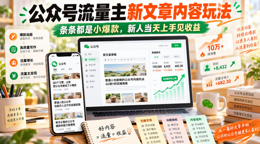 公众号流量主新文章内容玩法，条条都是小爆款，新人当天上手见收益-副业网