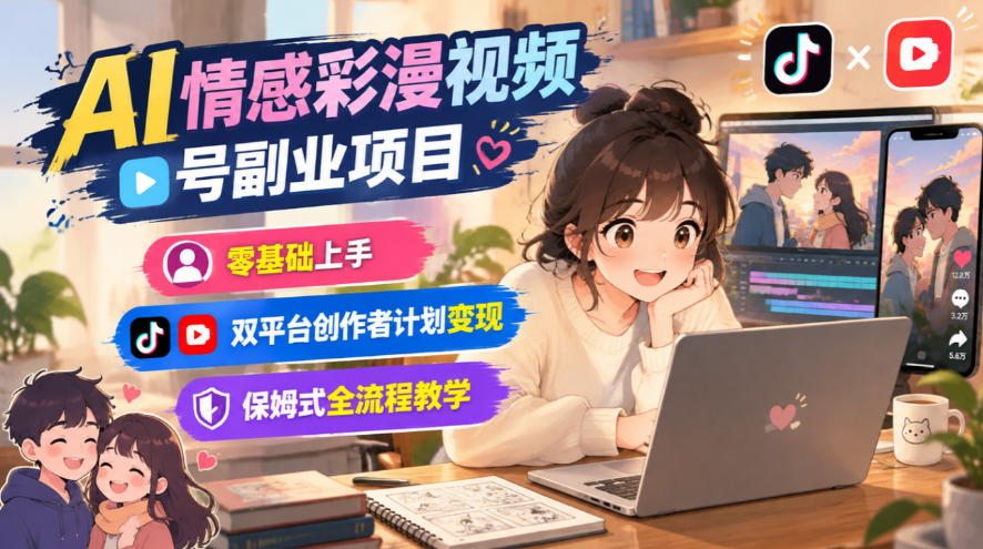 AI情感彩漫视频号副业项目，零基础上手，双平台创作者计划变现，保姆式全流程教学-副业网