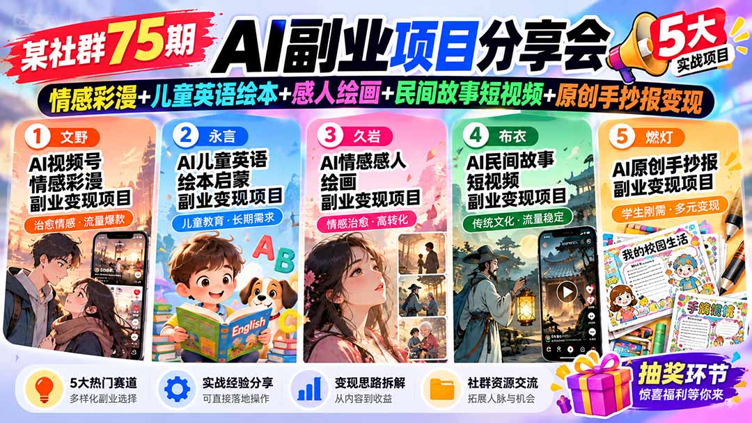 某社群75期AI副业项目分享会：情感彩漫+儿童英语绘本+感人绘画+民间故事短视频+原创手抄报变现-副业网