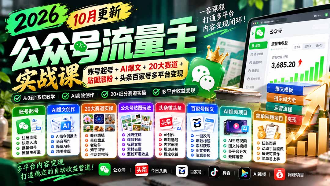 图片[2]-2026公众号流量主实战课-10月更新：账号起号+AI爆文+20大赛道+贴图涨粉+头条百家号多平台变现-副业网