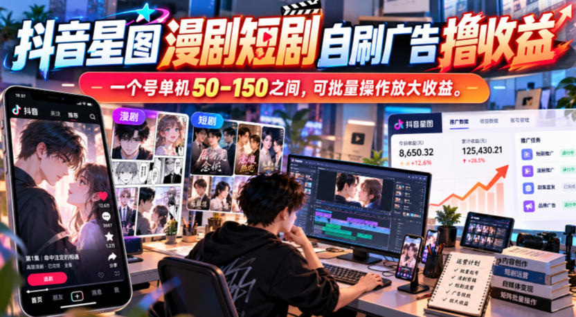 抖音星图漫剧短剧自刷广告撸收益，一个号单机50-150之间，可批量操作放大收益-副业网