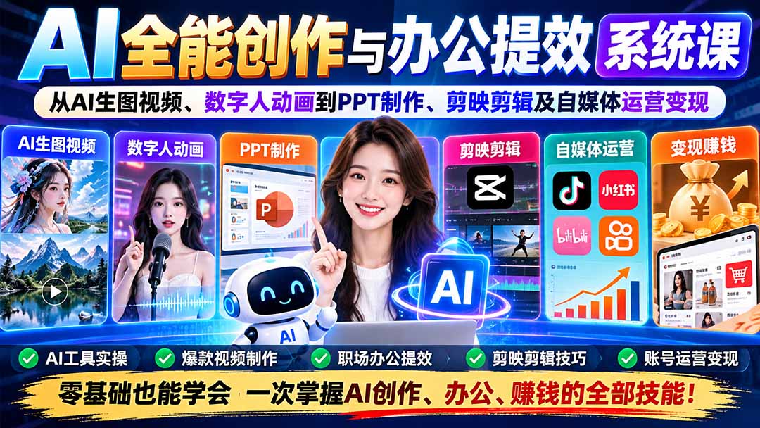 图片[2]-AI全能创作与办公提效系统课：从AI生图视频、数字人动画到PPT制作、剪映剪辑及自媒体运营变现-副业网