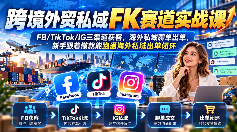 跨境外贸私域FK赛道实战课|FB/TikTok/IG三渠道获客,海外私域聊单出单,新手跟着做就能跑通海外私域出单闭环-副业网