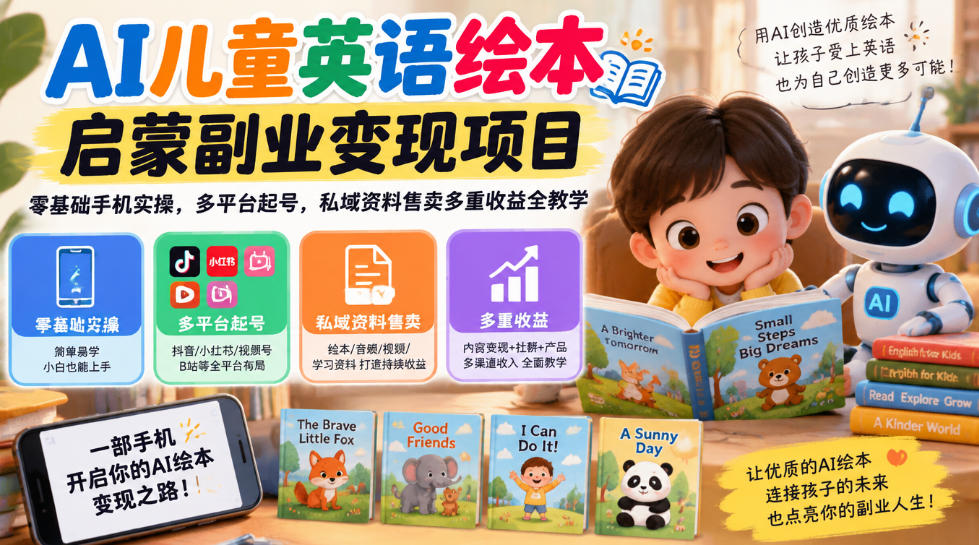 AI儿童英语绘本启蒙副业变现项目，零基础手机实操，多平台起号，私域资料售卖多重收益全教学-副业网