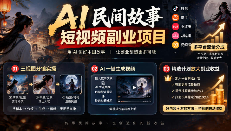 AI民间故事短视频副业项目，多平台流量分成，三视图分镜实操，精选计划放大副业收益-副业网