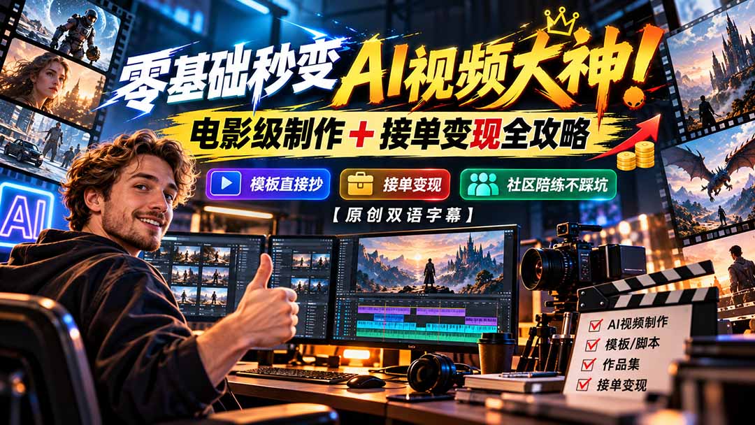 图片[2]-零基础秒变AI视频大神！电影级制作 + 接单变现全攻略，模板直接抄，社区陪练不踩坑【原创双语字幕】-副业网