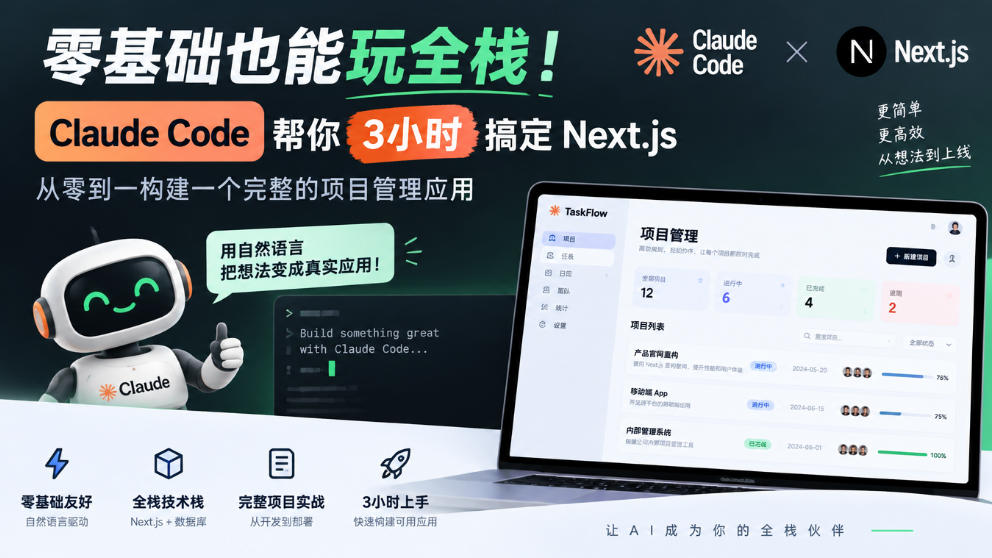 零基础也能玩全栈！Claude Code帮你3小时搞定Next.js，从零到一构建一个完整的项目管理应用【原创双语字幕】-副业网