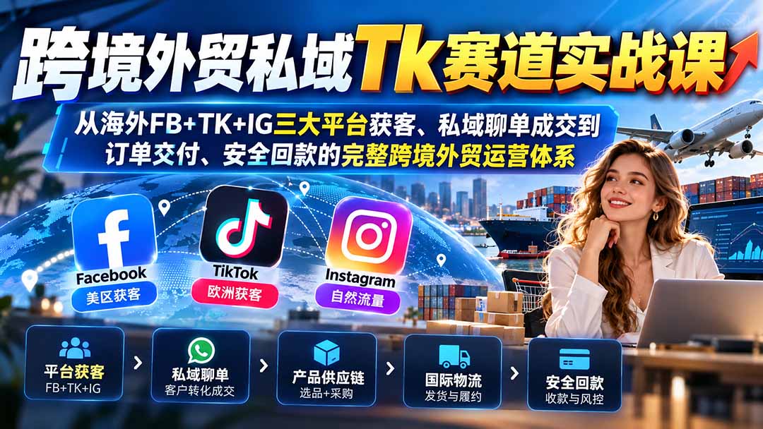 跨境外贸私域Tk赛道实战课：从海外FB+TK+IG三大平台获客、私域聊单成交到订单交付、安全回款的完整跨境外贸运营体系-副业网