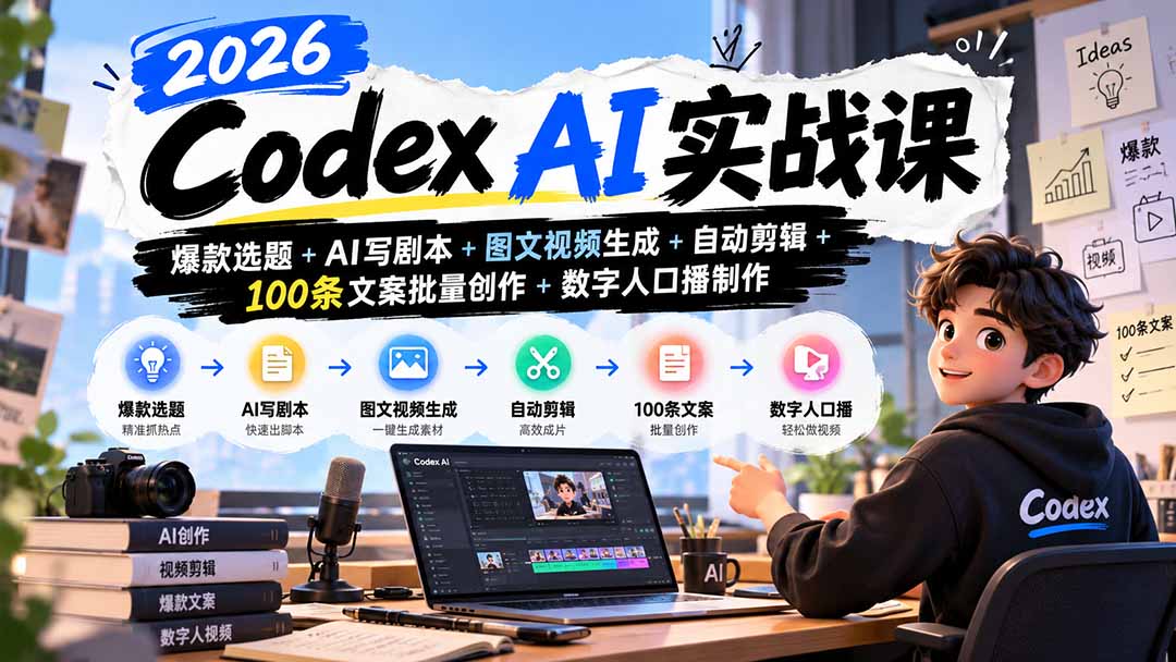2026Codex AI实战课：爆款选题+AI写剧本+图文视频生成+自动剪辑+100条文案批量创作+数字人口播制作-副业网