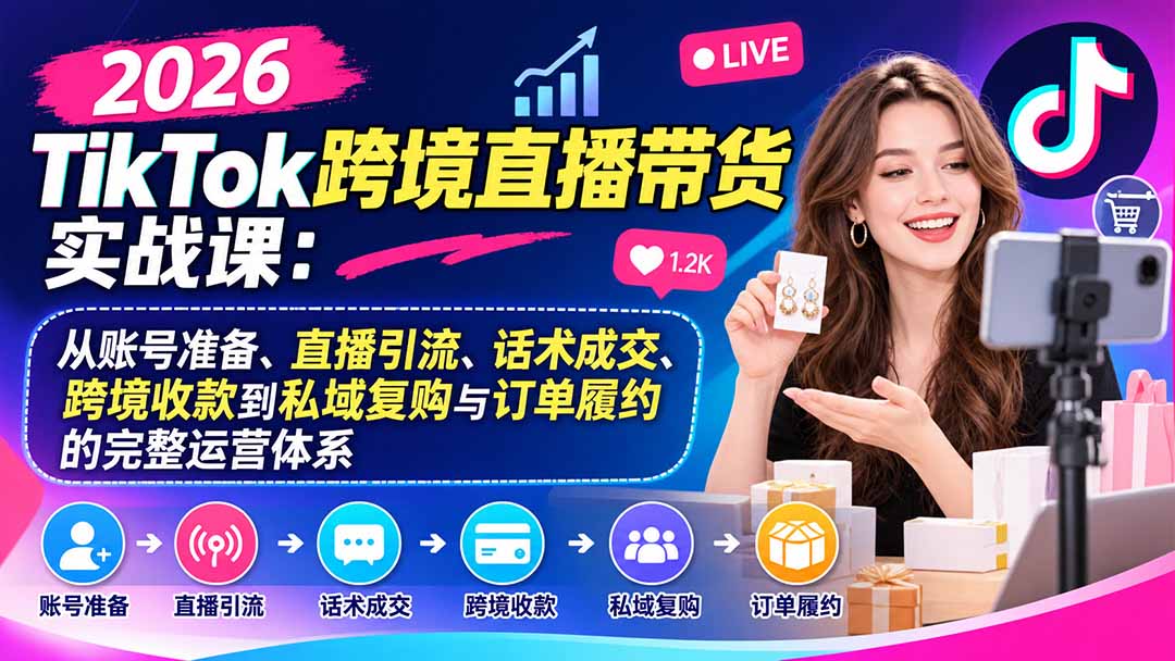 2026TikTok跨境直播带货实战课：从账号准备、直播引流、话术成交、跨境收款到私域复购与订单履约的完整运营体系-副业网
