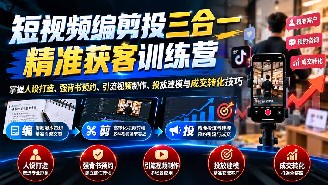 短视频编剪投三合一精准获客训练营：掌握人设打造、强背书预约、引流视频制作、投放建模与成交转化技巧-副业网