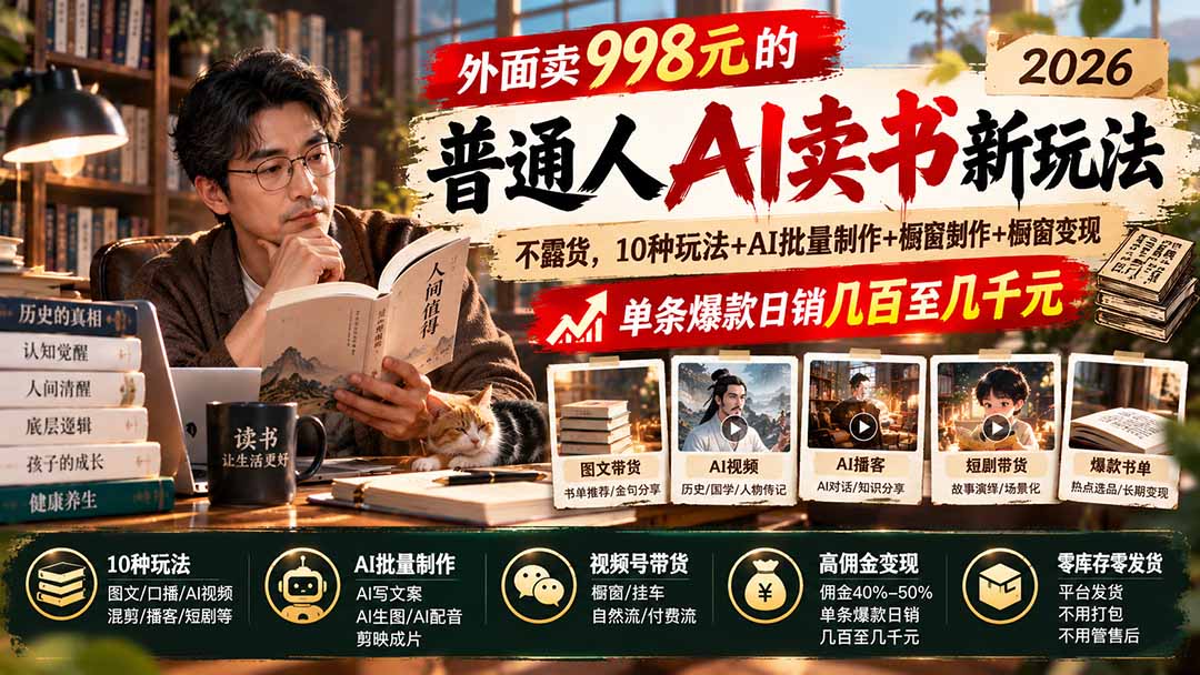 外面卖998元的2026普通人AI卖书新玩法：不露脸、不囤货，10种玩法+AI批量制作+橱窗变现，单条爆款日销几百至几千元-副业网