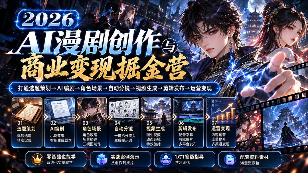 【无水印】2026AI漫剧创作与商业变现掘金营：打通选题→AI编剧→角色场景→自动分镜→视频生成→剪辑发布→运营变现-副业网