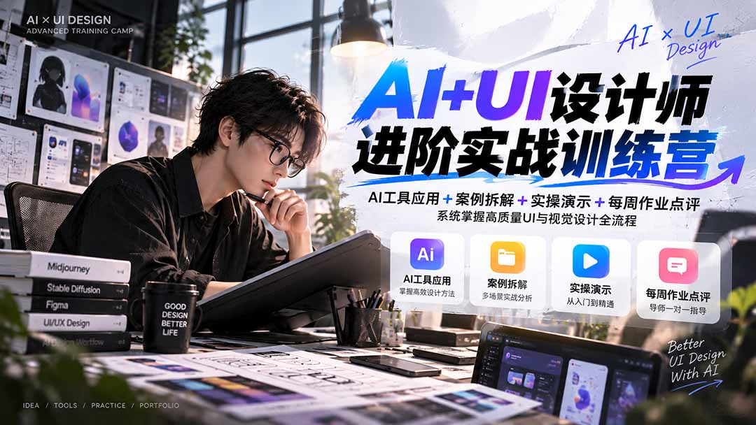 【无水印】AI+UI设计师进阶训练营-第4期：AI工具应用+案例拆解+实操演示+作业点评，掌握高质量UI与视觉设计全流程-副业网