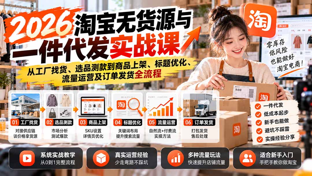 图片[2]-2026淘宝无货源与一件代发实战课：从工厂找货、选品测款到商品上架、标题优化、流量运营及订单发货全流程-副业网