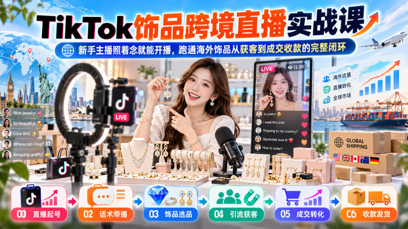 TikTok饰品跨境直播实战课，新手主播照着念就能开播，跑通海外饰品从获客到成交收款的完整闭环-副业网