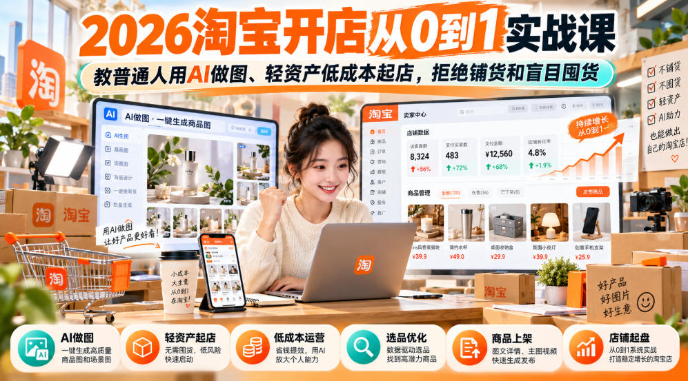 2026淘宝开店从0到1实战课，教普通人用AI做图、轻资产低成本起店，拒绝铺货和盲目囤货-副业网