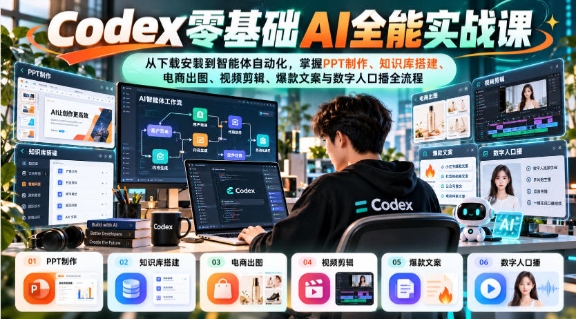 Codex零基础AI全能实战课：从下载安装到智能体自动化，掌握知识库搭建、电商出图、视频剪辑、爆款文案与数字人口播全流程-副业网